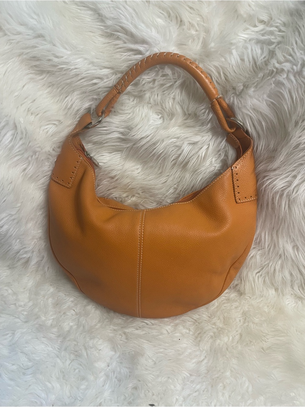 PRUNE Hobo leather Orange Medium Bag stitching accents silver tone hardwares .